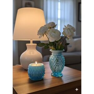 Vtg Uranium Fenton Blue Opalescent Hobnail Bud Vase & Matching Votive Holder